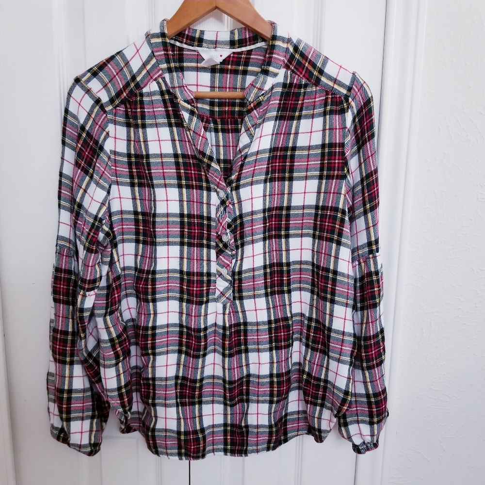 Plaid Long, Balloon Sleeve Top